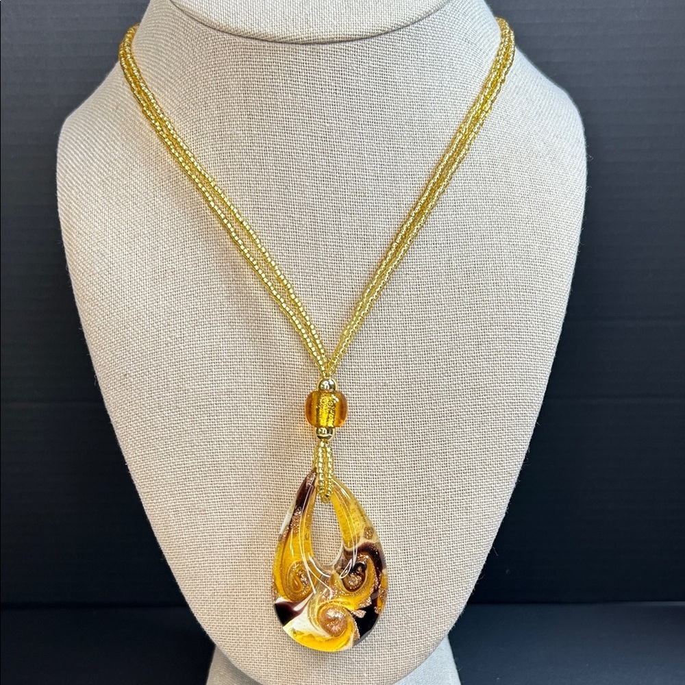 Murano Glass Gold and Brown Swirl Pendant Necklace